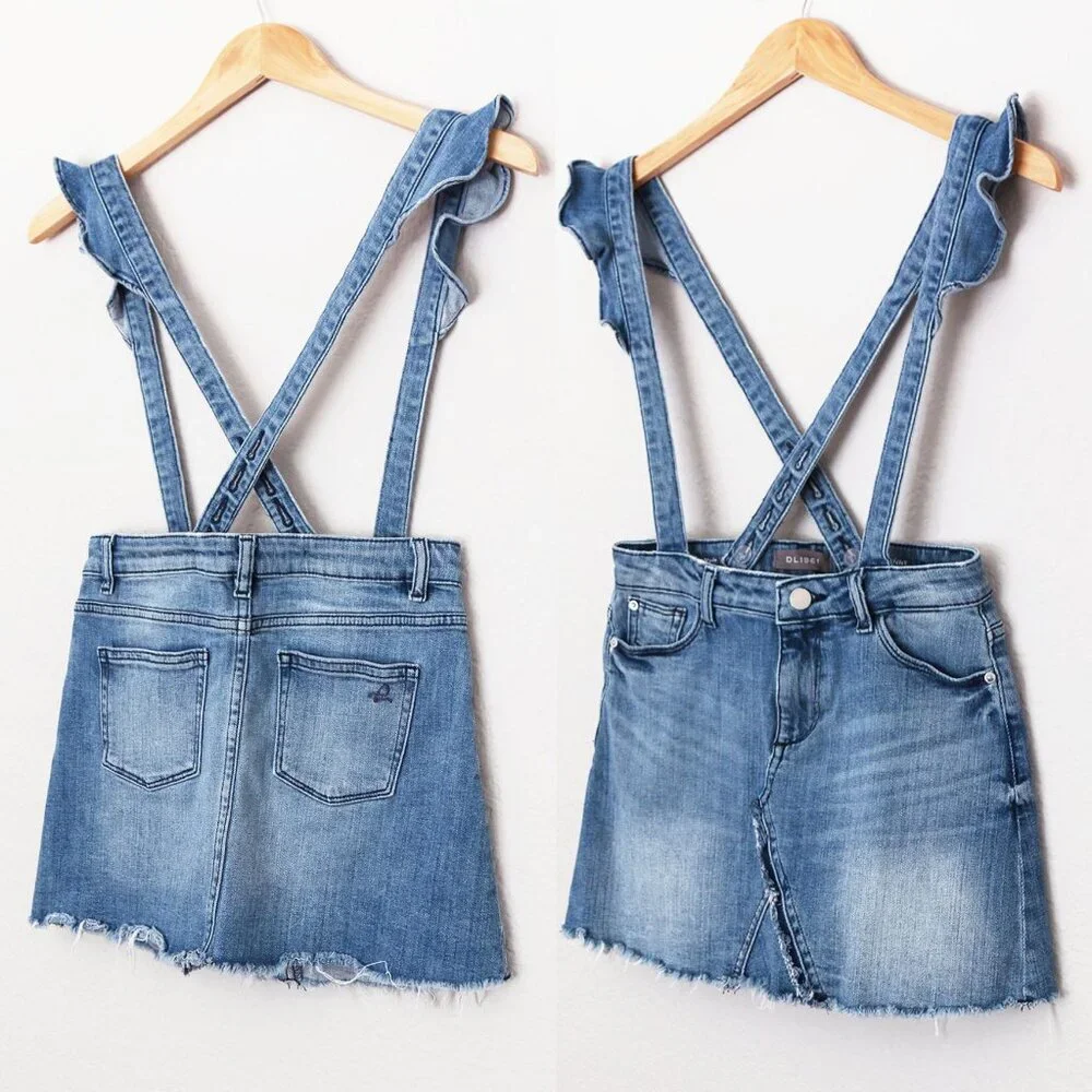 DL1961 Girl's 14 Jenny Overall Denim Skirt Searsy Adjustable Ruffle Straps Blue